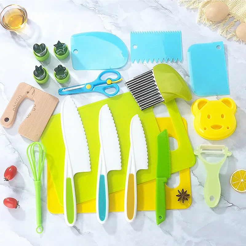 11/13/17 Pcs Serrated Edges Kids Knives Fruit Vegetable Crinkle Cutters Kids Knife Set Board Toddler Knife Peeler Kitchen Tools