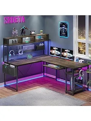 SEDETA L , 94.5 Inch Office Power Outlet &Amp; Pegboard, L Shaped Desk With Led Light, Keyboard Tray, Stora