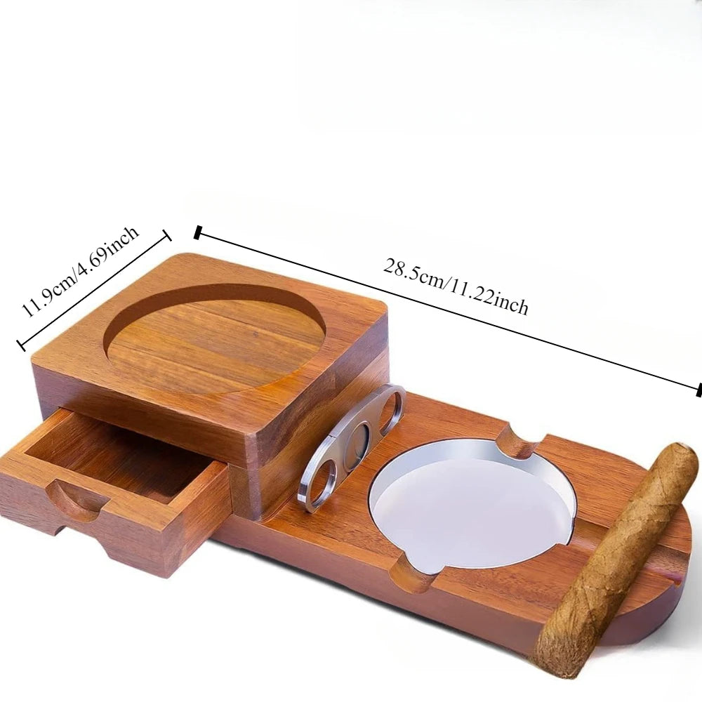 1pc Ashtray Coaster Tray Wooden Ash Tray Include Drawer and Cigar Slot Home Office Outdoor Great Cigar Accessories for Men Women