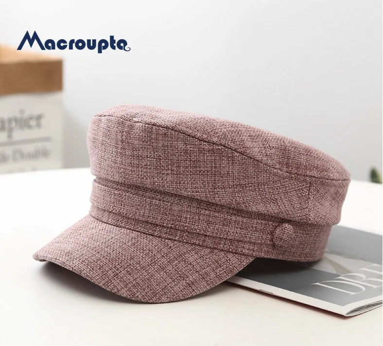 Women's Hat Flat Cap Military Cap Spring Autumn Linen Octagonal Cap Solid Color Flat Top Military Hats Young Student Hat Female