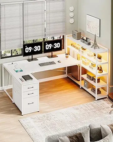 SEDETA L , 94.5 Inch Office Power Outlet &Amp; Pegboard, L Shaped Desk With Led Light, Keyboard Tray, Stora