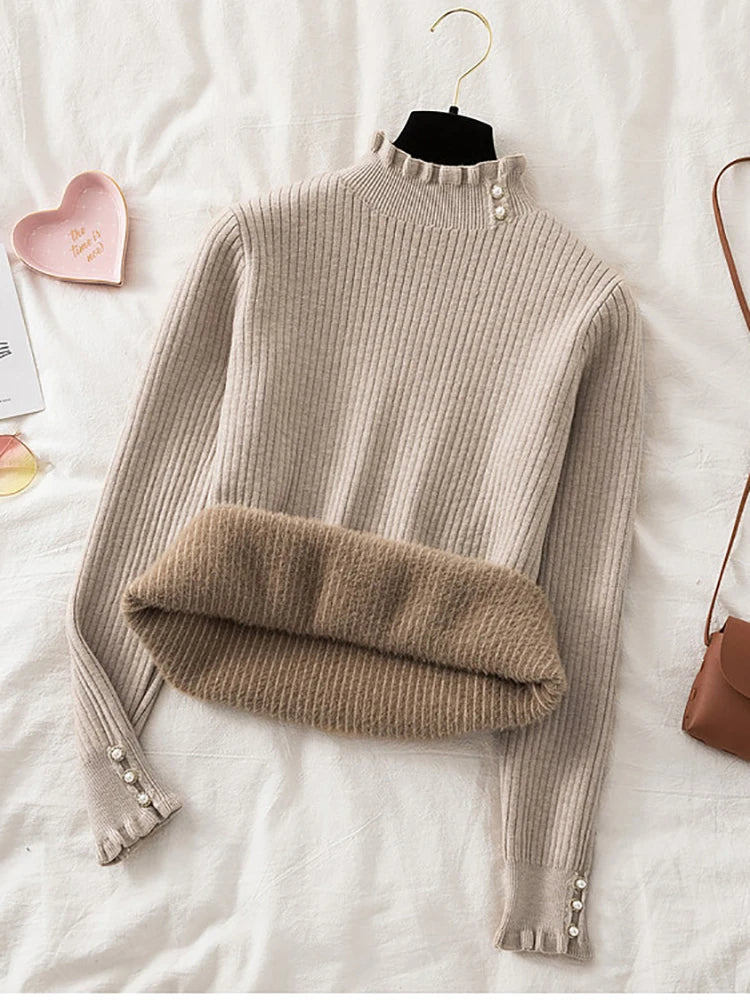 2024 velvet Fashion Women's Turtlenecks Sweaters Striped Long Sleeve Knitted Pullovers Females Jumpers  Thick Sweaters Fall