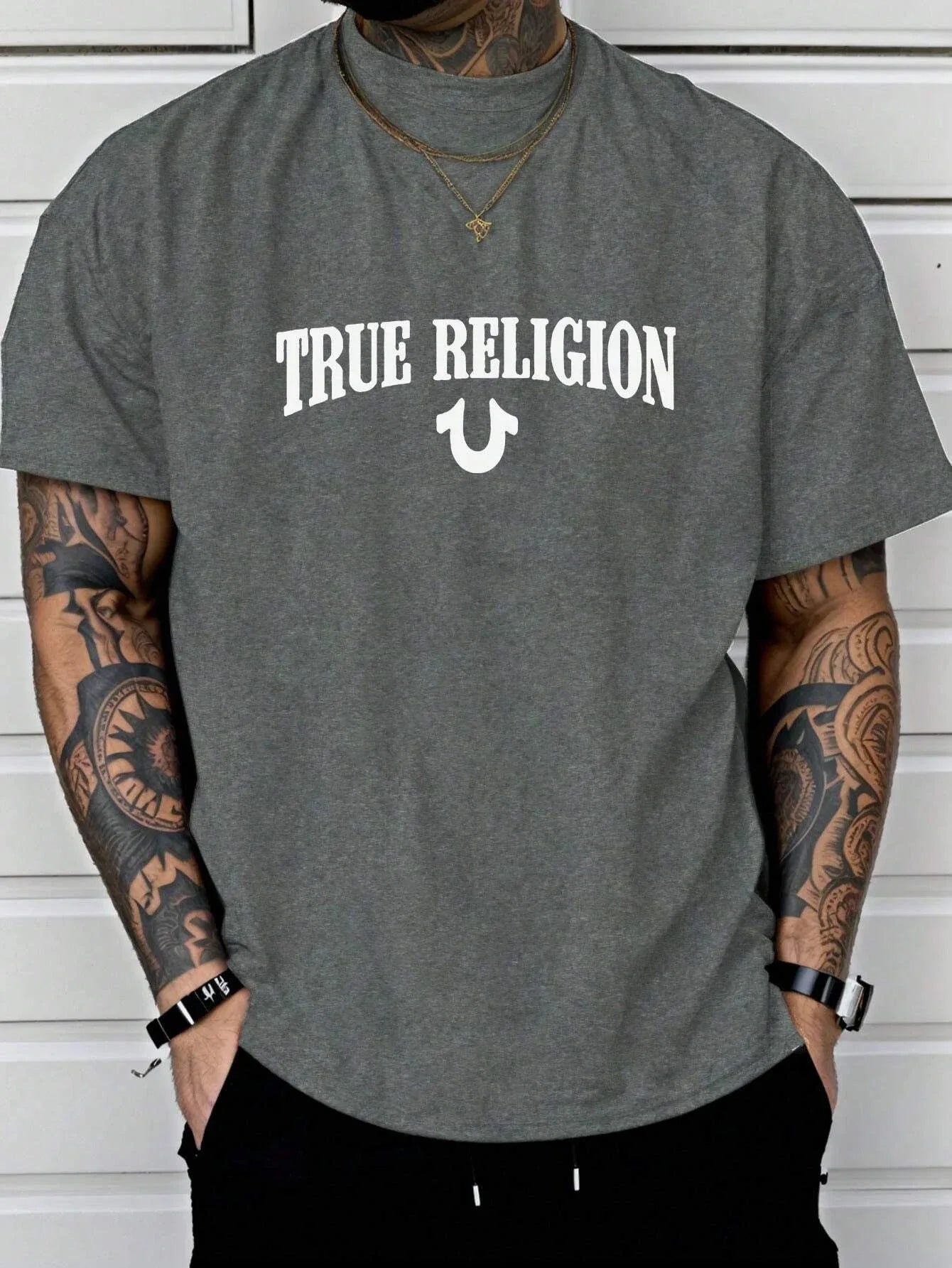 True Religion Men Cotton T-shirt Luxury Brand Fashion Big Size Top Casual Short Sleeve Streetwear Classic Print New Arrival Tee