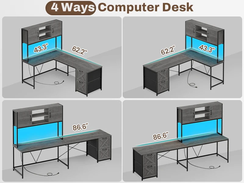 SEDETA L Shaped Gaming Desk, Reversible Computer Desk with Fabric Drawers and Power Outlet, Gaming Desk with Led Lights,