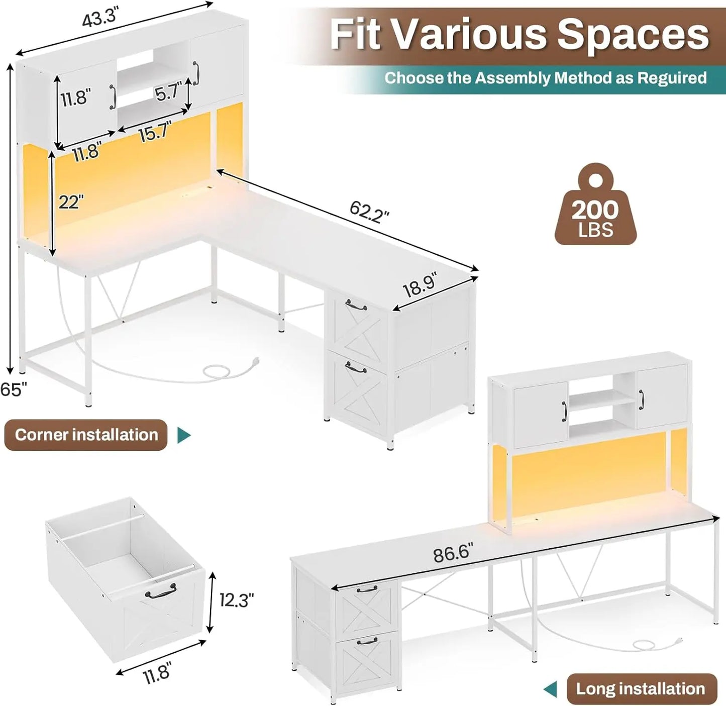 SEDETA L Shaped Gaming Desk, Reversible Computer Desk with Fabric Drawers and Power Outlet, Gaming Desk with Led Lights,