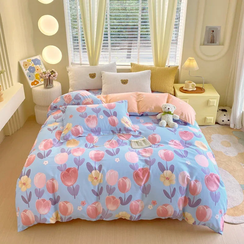 100% Cotton Pink Romantic Rose Duvet Cover Classic Pastoral Flower Theme Girl Woman Children Bedroom Queen Soft Comforter Cover