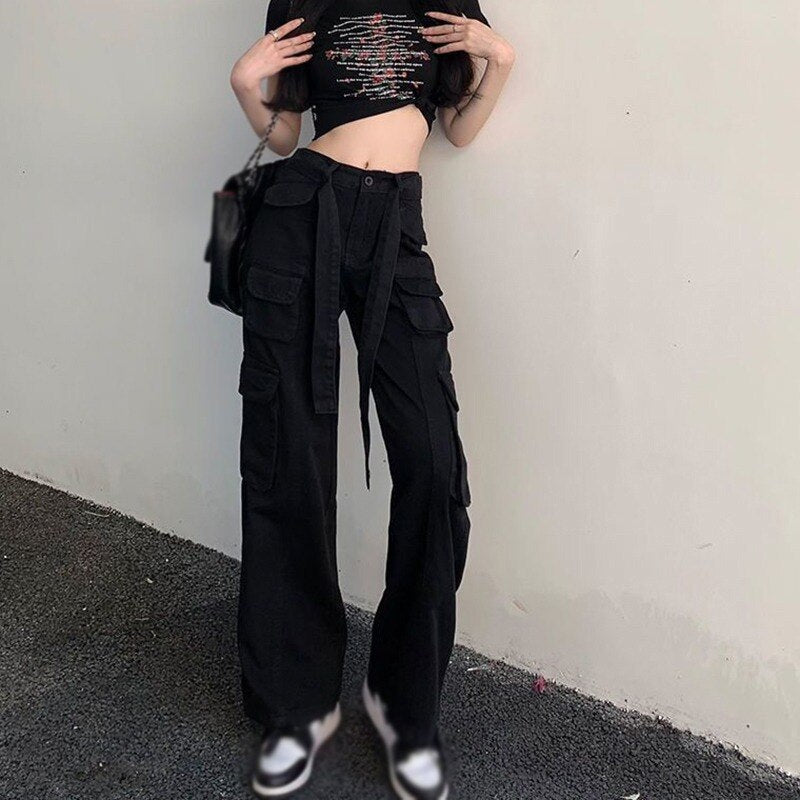 Women Jeans Straight High Waist American Retro Lace up Wide Leg Pants Multi Pocket Trousers 's Overalls Denim Loose