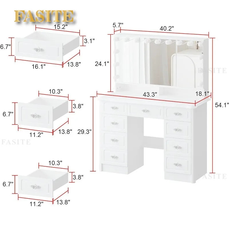 White Makeup Vanity Desk with 15 Light Bulbs & 3 Mirrors, Modern Vanity Table Dressing Table with 9 Drawers