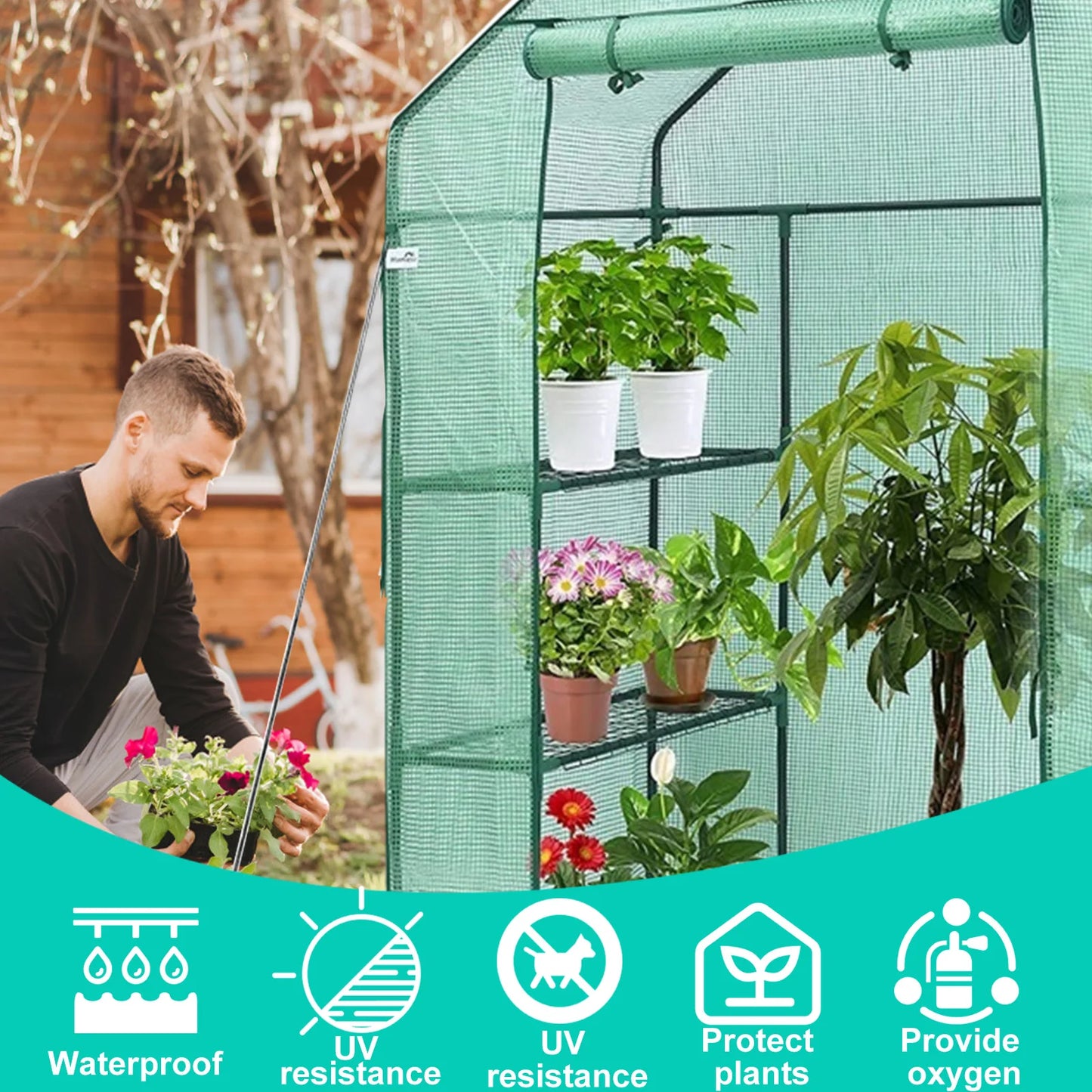 Walk-in Greenhouse Cover Waterproof PE Greenhouse Replacement Cover with Roll-up Zipper Door UV-Resistant Small Warm House