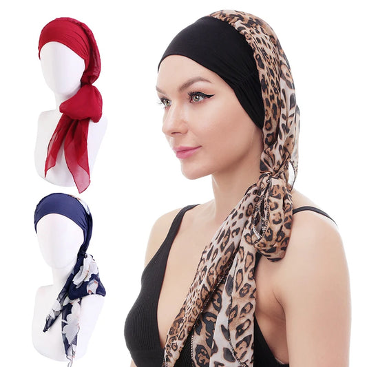 Women Bandana Muslim Headwear Turbans Long Ribbon Head Scarf Head wraps Cancer Chemo Hats Pre-Tied Hair accessories for Women