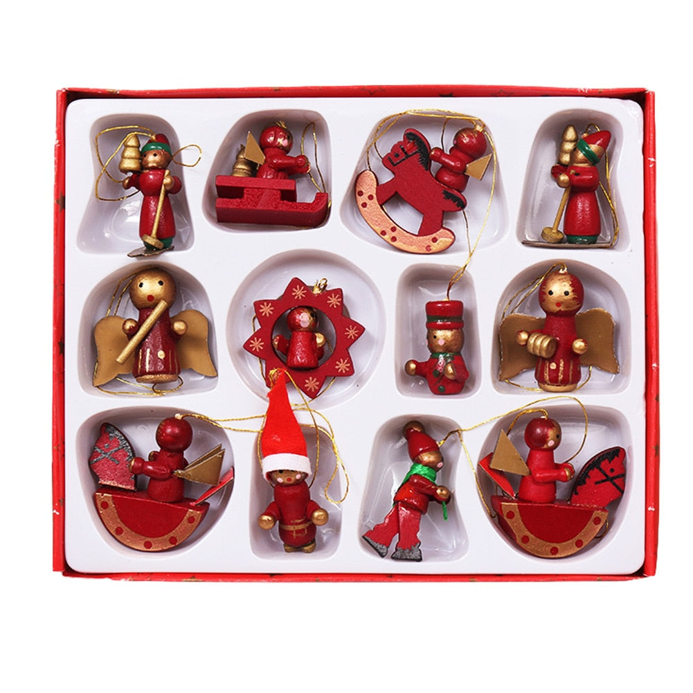 12pcs /set Christmas Wooden Miniature Ornaments Christmas Tree Hanging Pendants New Year Gift Toy For Kid Home Party Decor