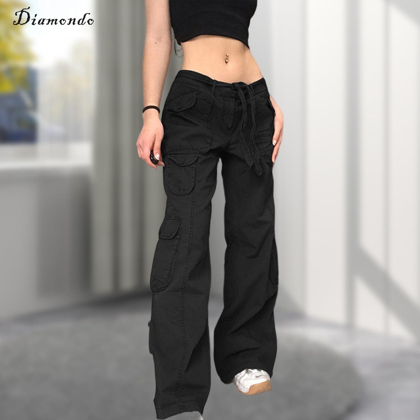 Women Wide Leg Denim Trousers Drawstring Belt Retro Baggy Parachute Pants Jeans High Waist Button Decor Multi Pockets Streetwear