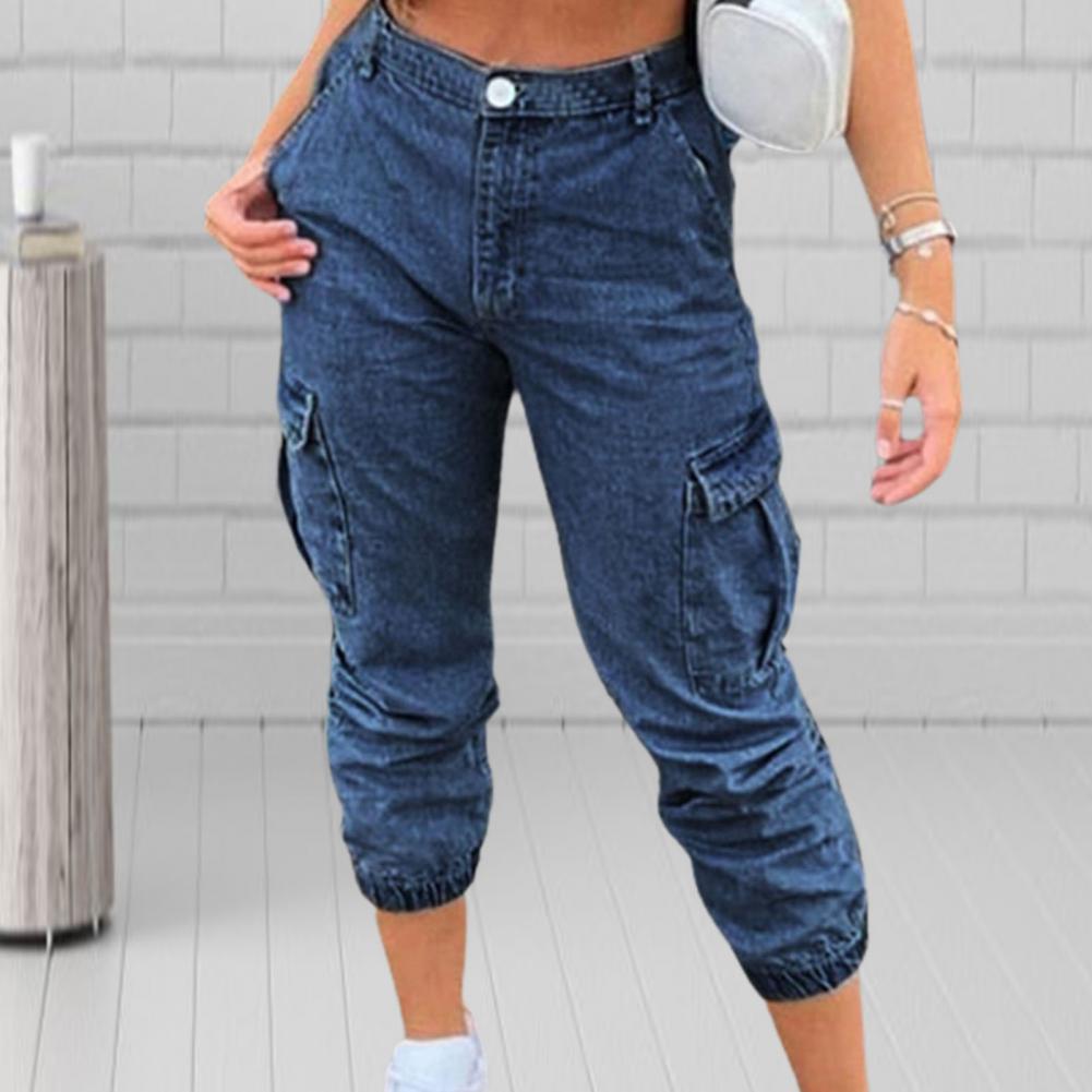 y2k Women Denim Cargo Pants Ninth Jeans Multi Pockets High Waist Ankle-banded Summer Casual Ninth Trousers calça jeans feminina