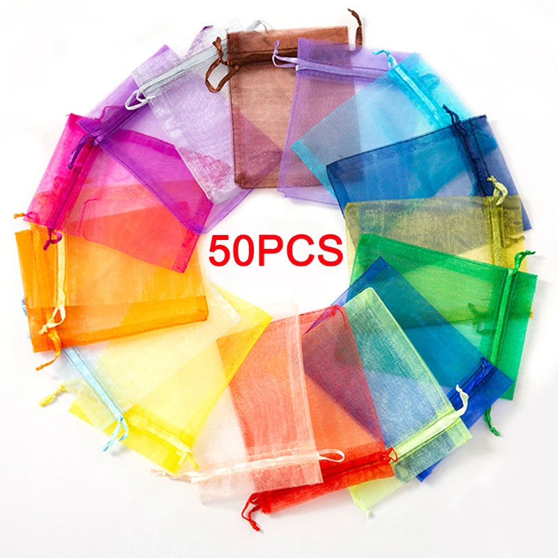 100pcs Drawstring  Jewelry Bag Pouch Organza Jewelry Packaging Bags Wedding Party Decoration Drawable Storage Bags Gift Pouches