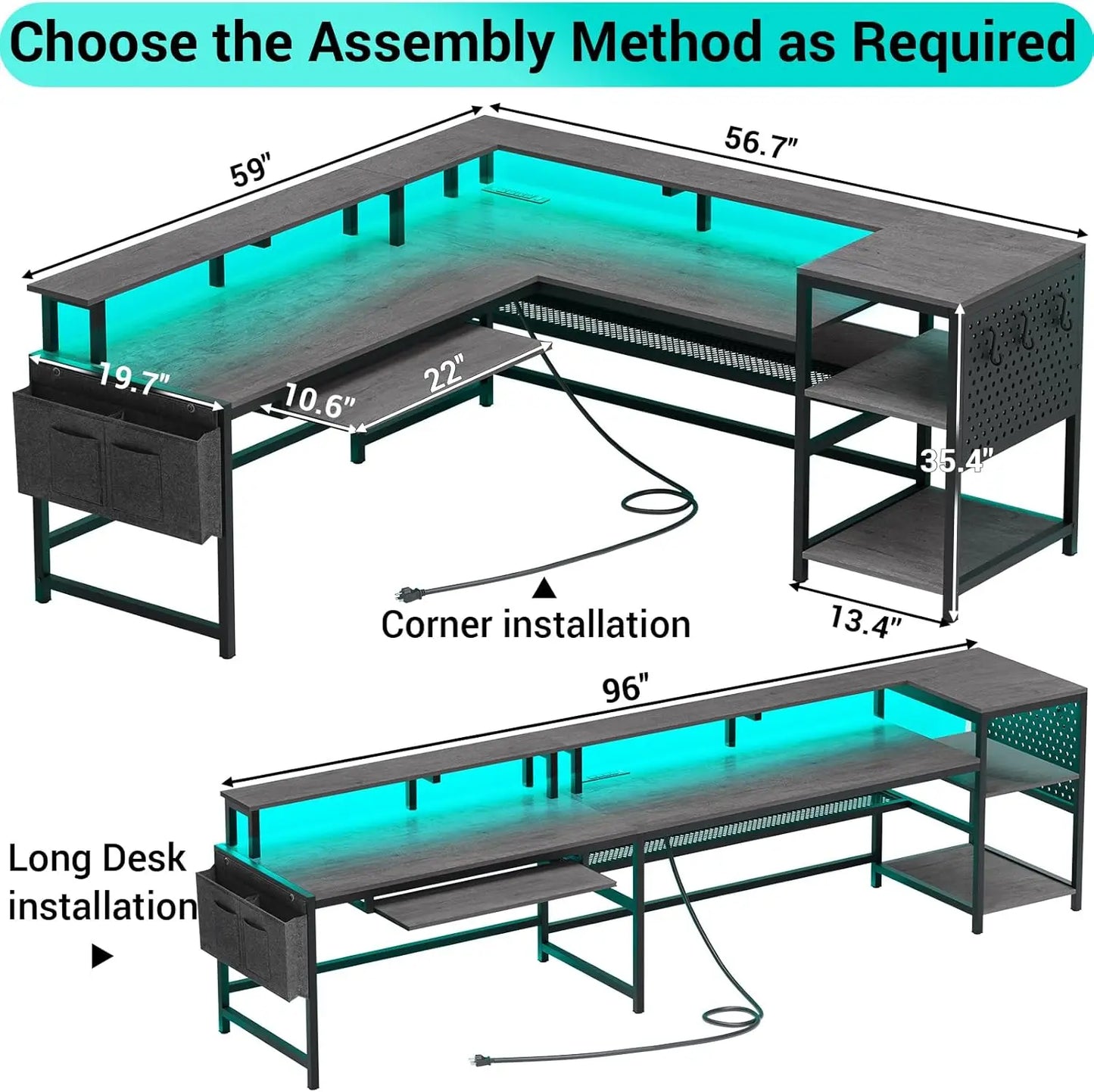 SEDETA L Shaped Gaming Desk, Reversible Home Office Desk or Corner Desk, Gaming Desk with Power Outlets & LED Strip, Monitor