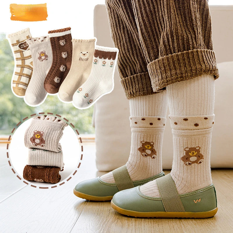 5Pairs Children Socks Autumn and Winter Boys Mid Length Socks Cotton Girls Cartoon Socks Soft and Comfortable Kid Socks