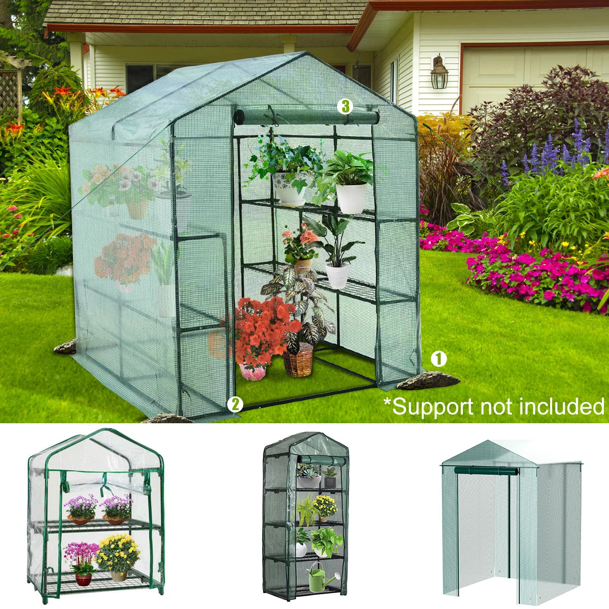 Walk-in Greenhouse Cover Waterproof PE Greenhouse Replacement Cover with Roll-up Zipper Door UV-Resistant Small Warm House