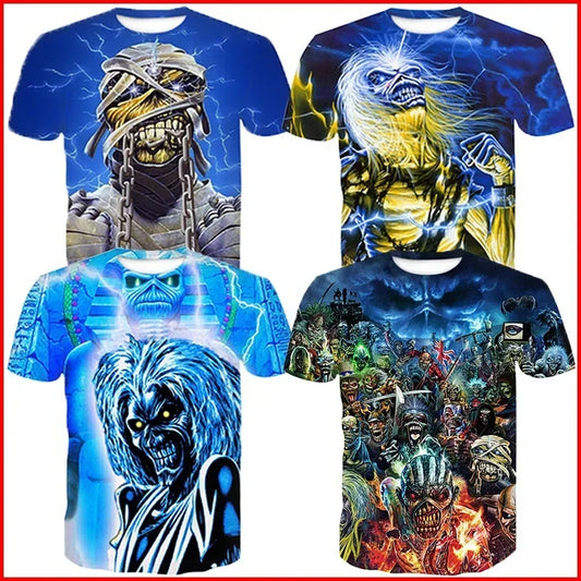 New Fashion Men's Music Band 3D Printing T-shirt Summer Hip-hop Skull Short-sleeved T-shirt Male and Female Oversize Clothing