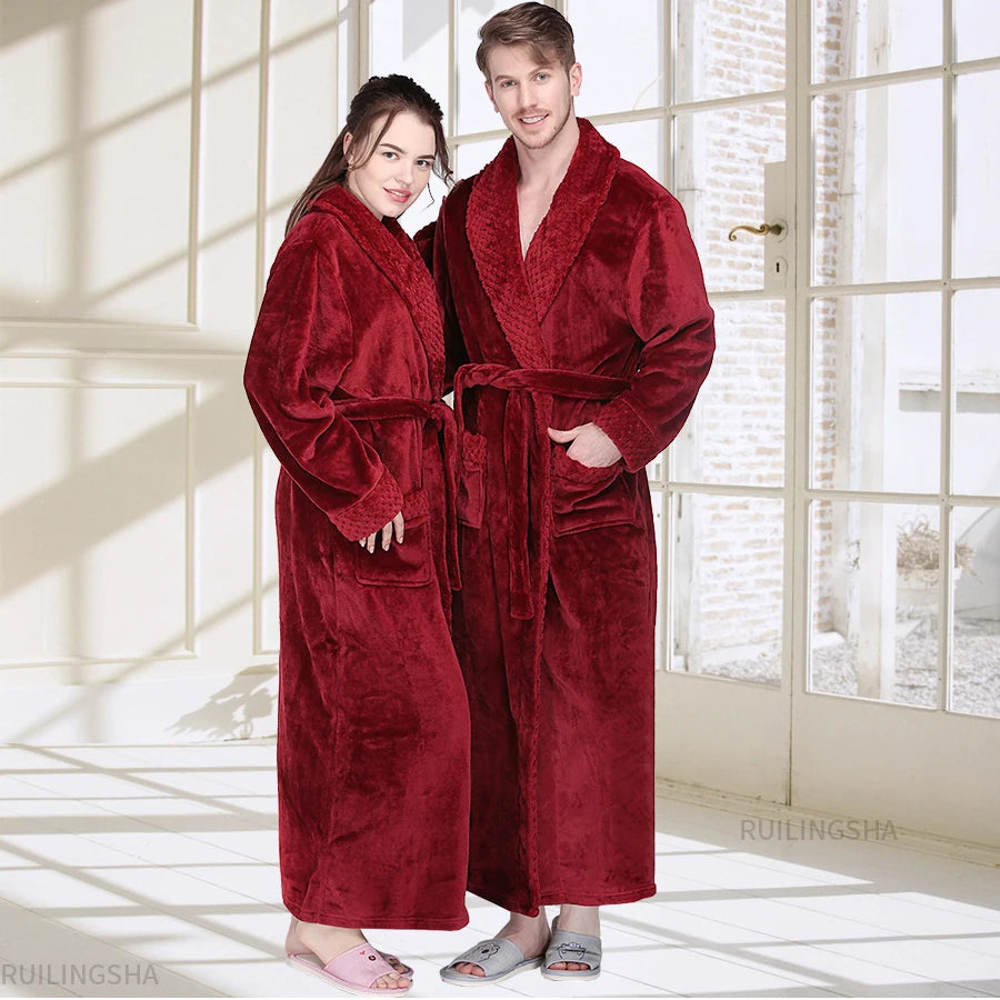 Women Robe Winter Bathrobe Unisex Coral Waffle Long Sleeve Knitted Sleep Dress Men Robes Lovers Fleece Robe Warm Bathrobes