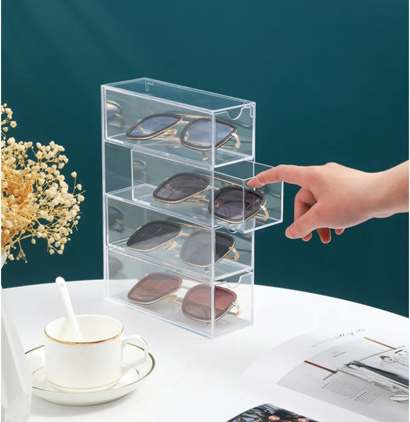 Acrylic Sunglasses Organizer Eyeglass Case Clear Eyeglass Display Holder Eyewear Display Case With 4 Drawers For Women And Men