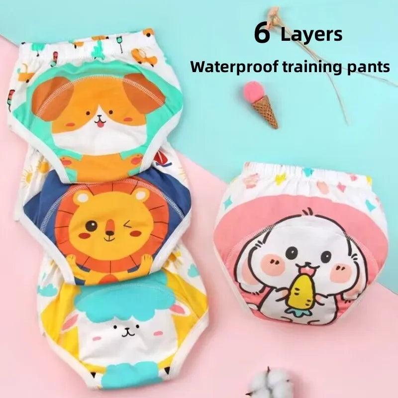 4PC Washable Baby Girl WaterProof Cotton Cloth Panties Reusable Boys Underwear Potty Training Pants Nappies Cartoon Diapers