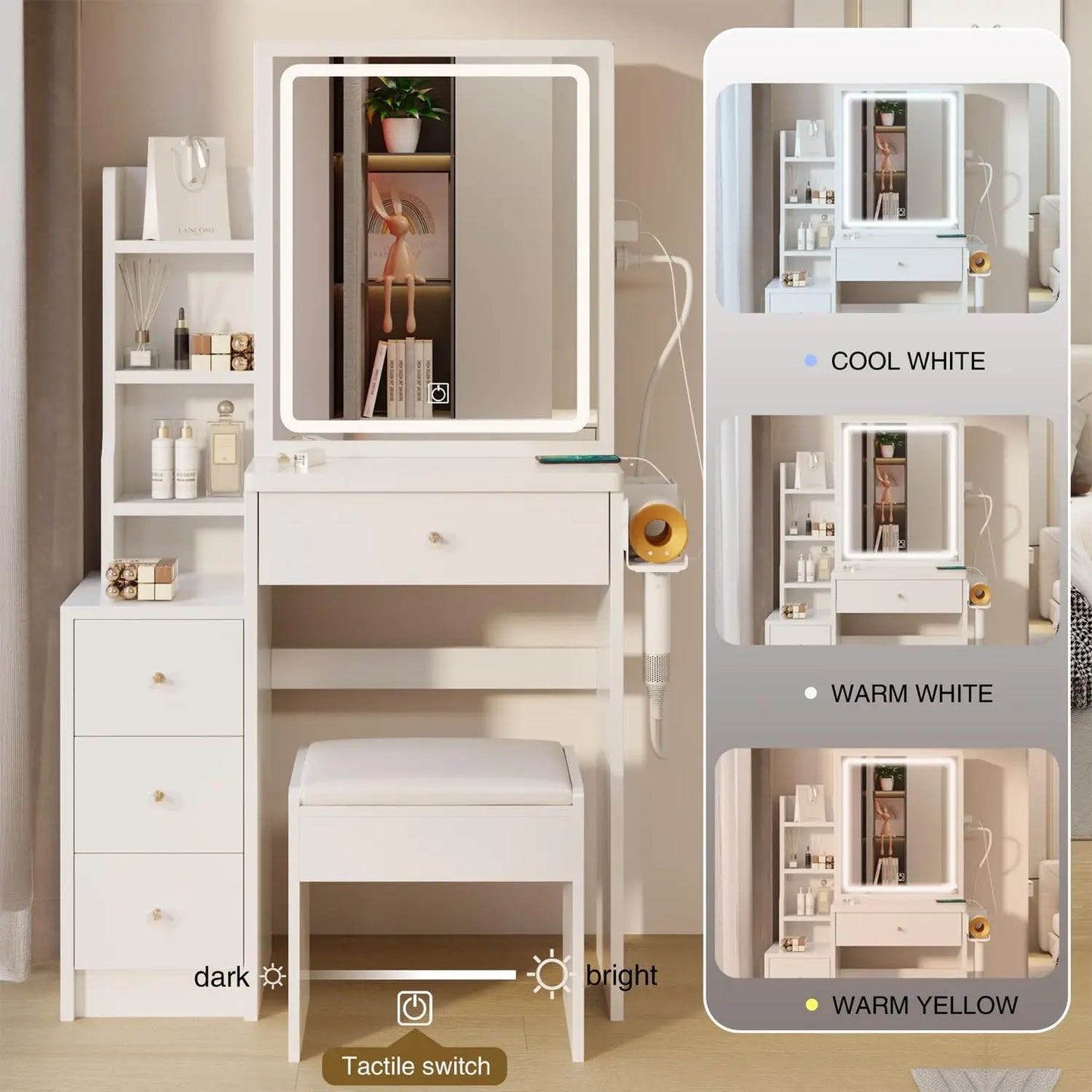 ROOMTEC Makeup Vanity Desk with Mirror and Lights, Makeup Vanity Dressing Table with Cushion Stool