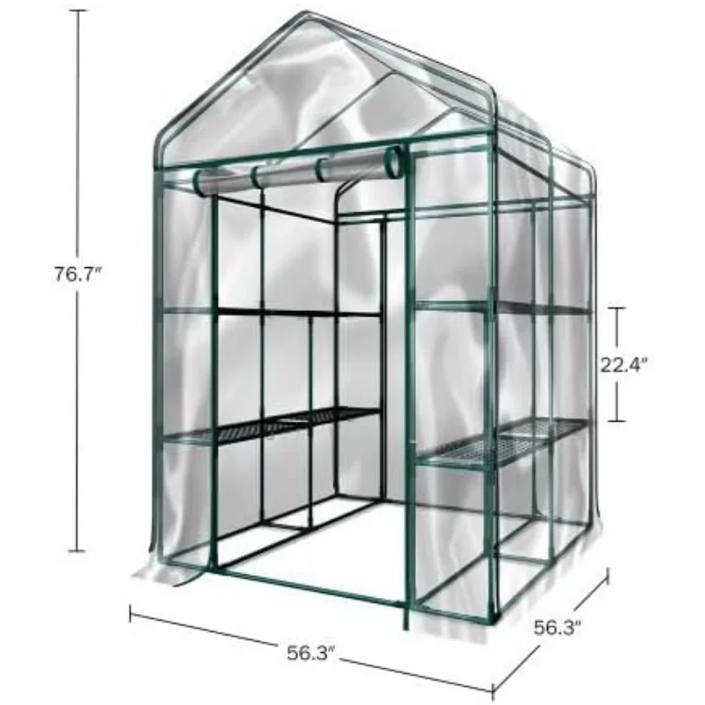 Greenhouse - Walk in Greenhouse with 8 Sturdy Shelves and PVC Cover for Indoor or Outdoor Use - 56 x 56 x 76-Inch Green House