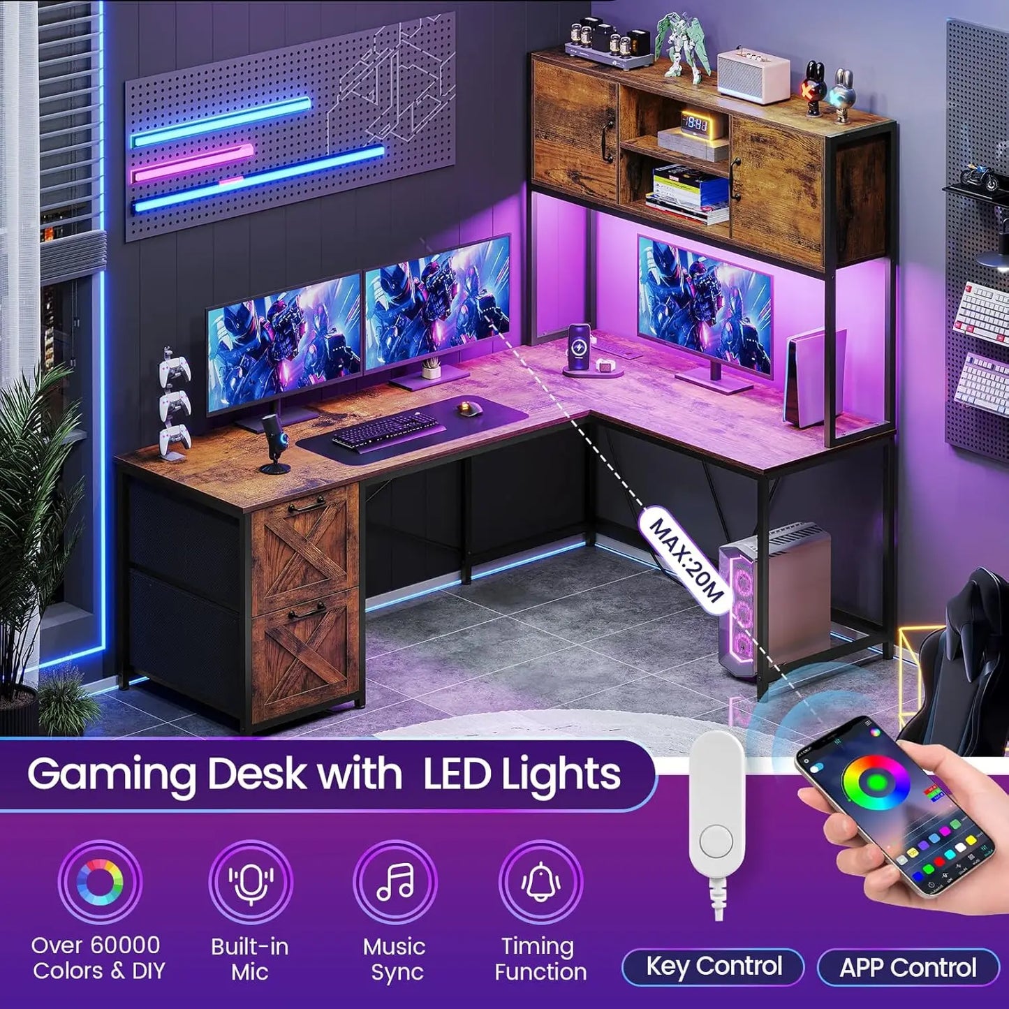 SEDETA L Shaped Gaming Desk, Reversible Computer Desk with Fabric Drawers and Power Outlet, Gaming Desk with Led Lights,