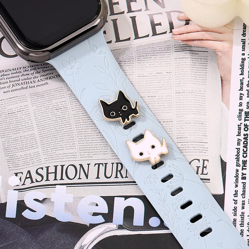 Animal White Black Cat Charms Jewelry for Iwatch Bracelet Accessories Stud for Apple Strap Soft Silicone Watchband Charms Nails