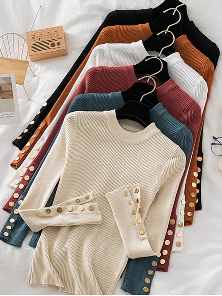 Turtleneck Button O-neck Chic Sweater Women Autumn Winter Slim Knitted Top Soft Jumper Casual Thick Sweater Pullovers Streetwear