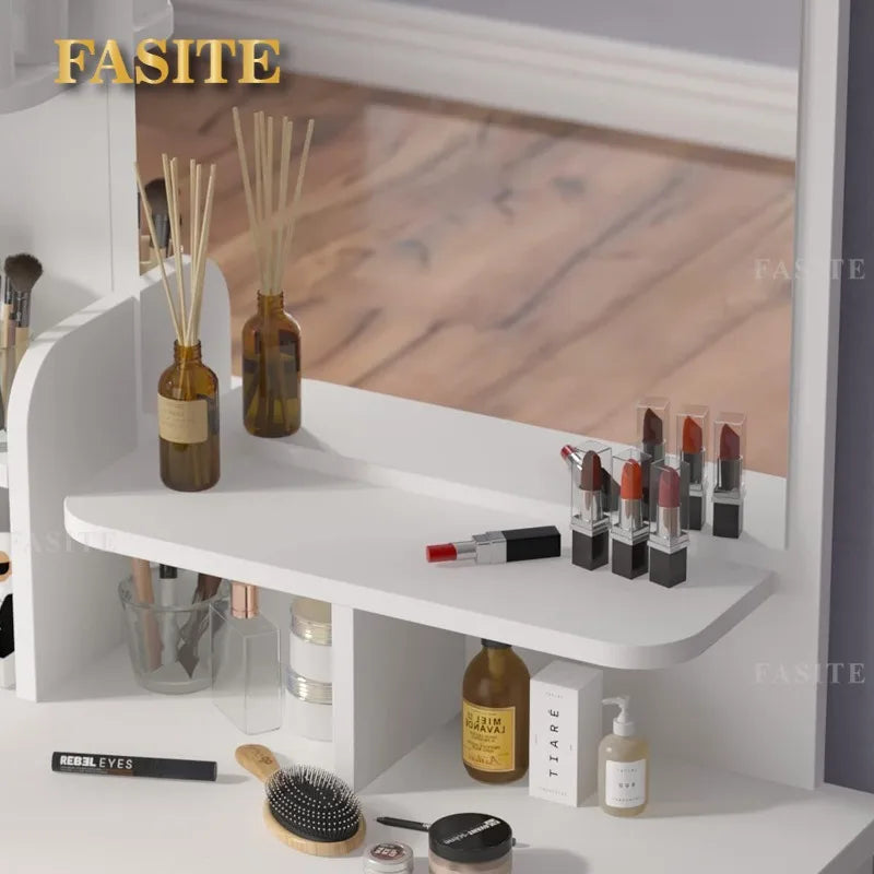 White Makeup Vanity Desk with 15 Light Bulbs & 3 Mirrors, Modern Vanity Table Dressing Table with 9 Drawers