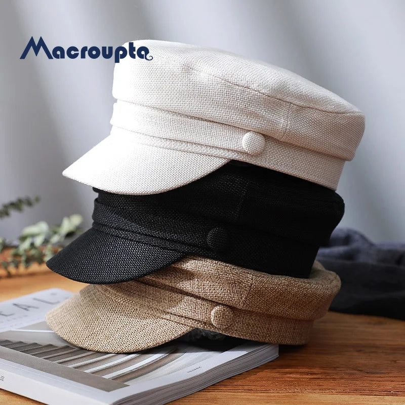 Women's Hat Flat Cap Military Cap Spring Autumn Linen Octagonal Cap Solid Color Flat Top Military Hats Young Student Hat Female