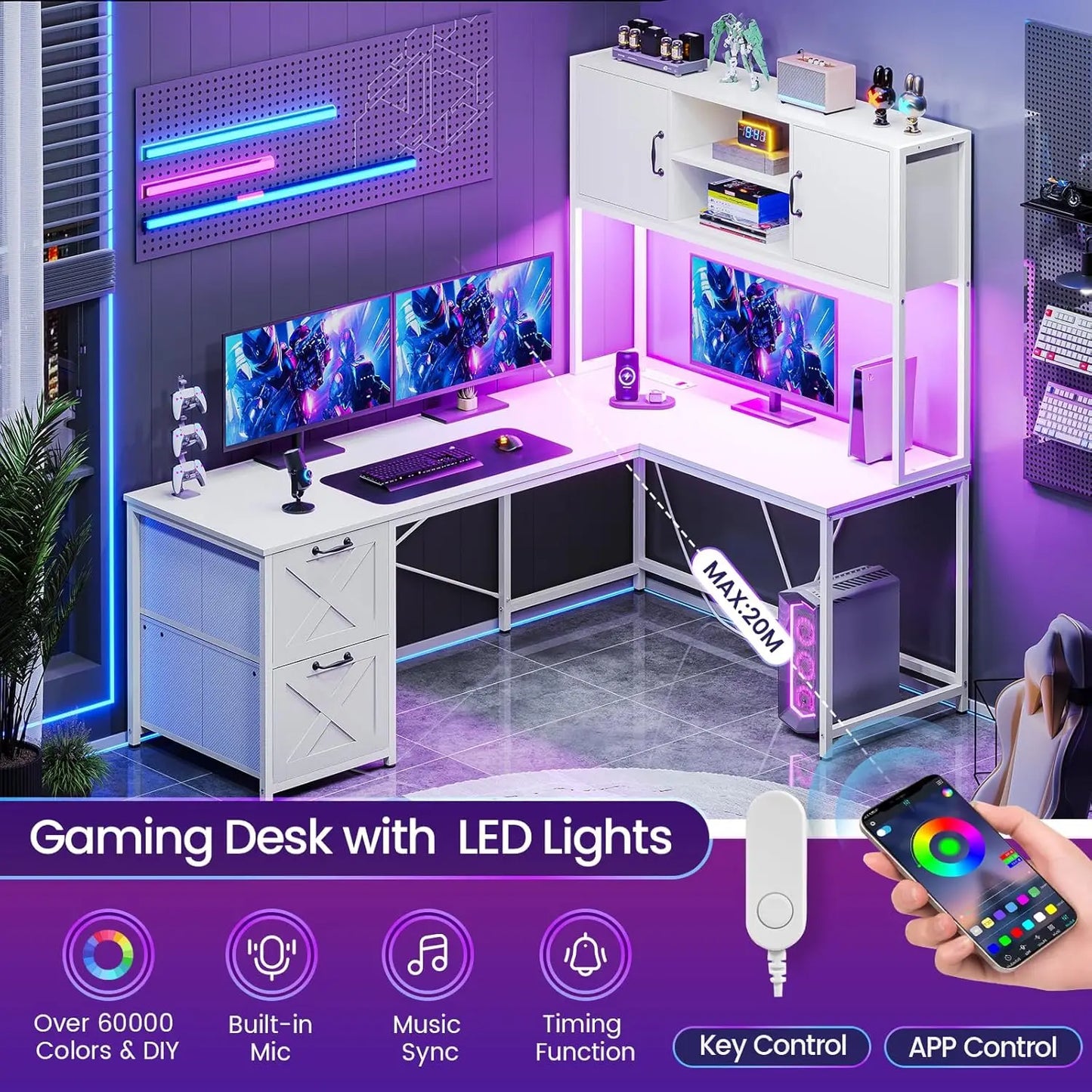 SEDETA L Shaped Gaming Desk, Reversible Computer Desk with Fabric Drawers and Power Outlet, Gaming Desk with Led Lights,