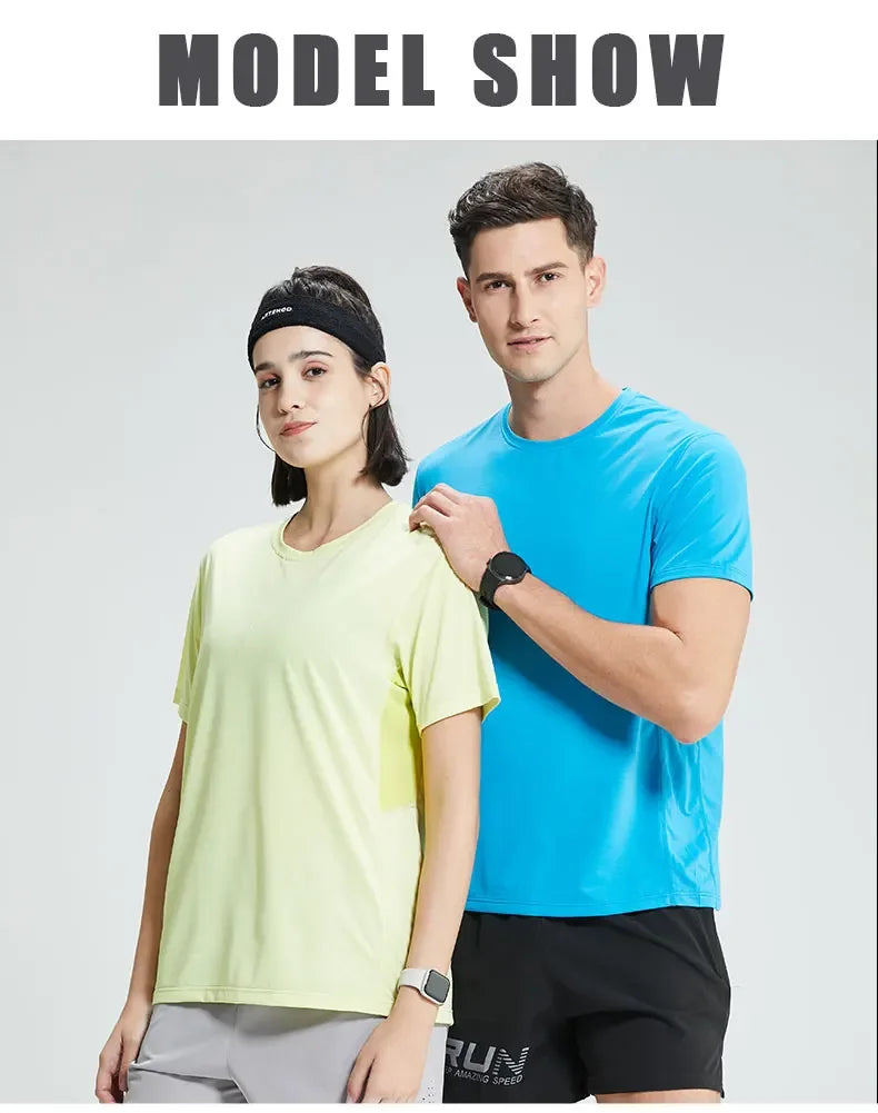 Men's Bodybuilding T-Shirt Elastic Quick Dry Sport Tops Athletic Gym Workout Short Sleeves Women's Yoga Tee Running Clothes