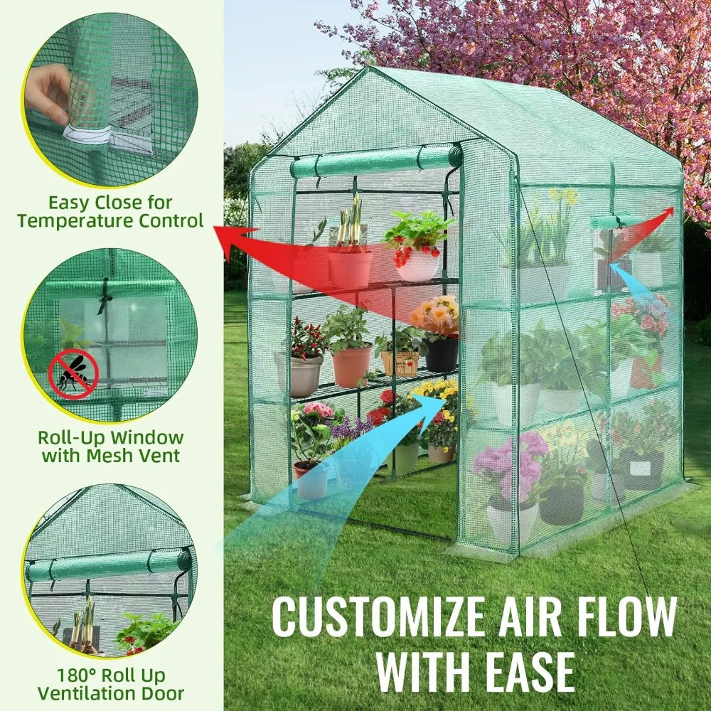 Greenhouse, 56 x 56 x 75'' Greenhouses for Outdoors, Durable Green House Kit with Window, Thicken PE Cover, 3 Tiers 8 Shelves