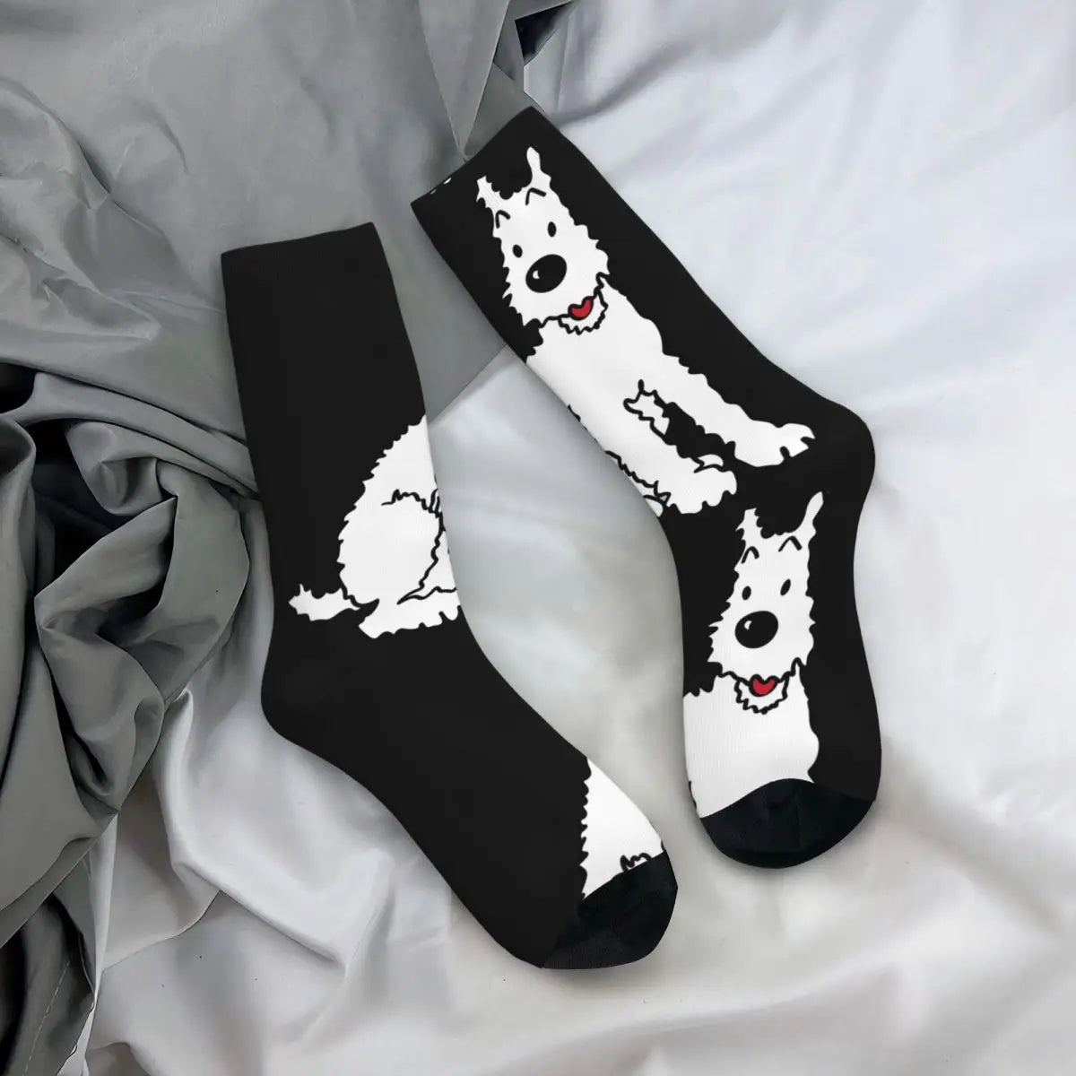 Funny Crazy Compression Sock for Men Snowy Tin Tin Hip Hop Harajuku Dog Cute Animal Happy Quality Pattern Printed Boys Crew Sock