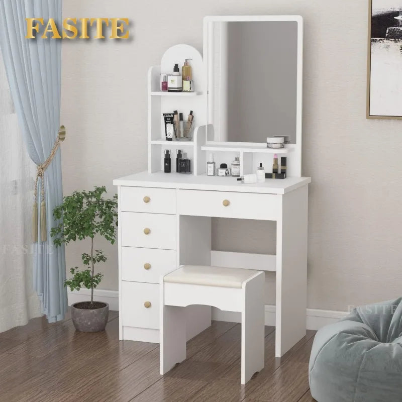 White Makeup Vanity Desk with 15 Light Bulbs & 3 Mirrors, Modern Vanity Table Dressing Table with 9 Drawers