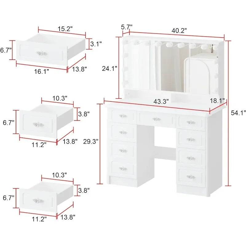 White Makeup Vanity Desk with 15 Light Bulbs & 3 Mirrors, Modern Vanity Table Dressing Table with 9 Drawers