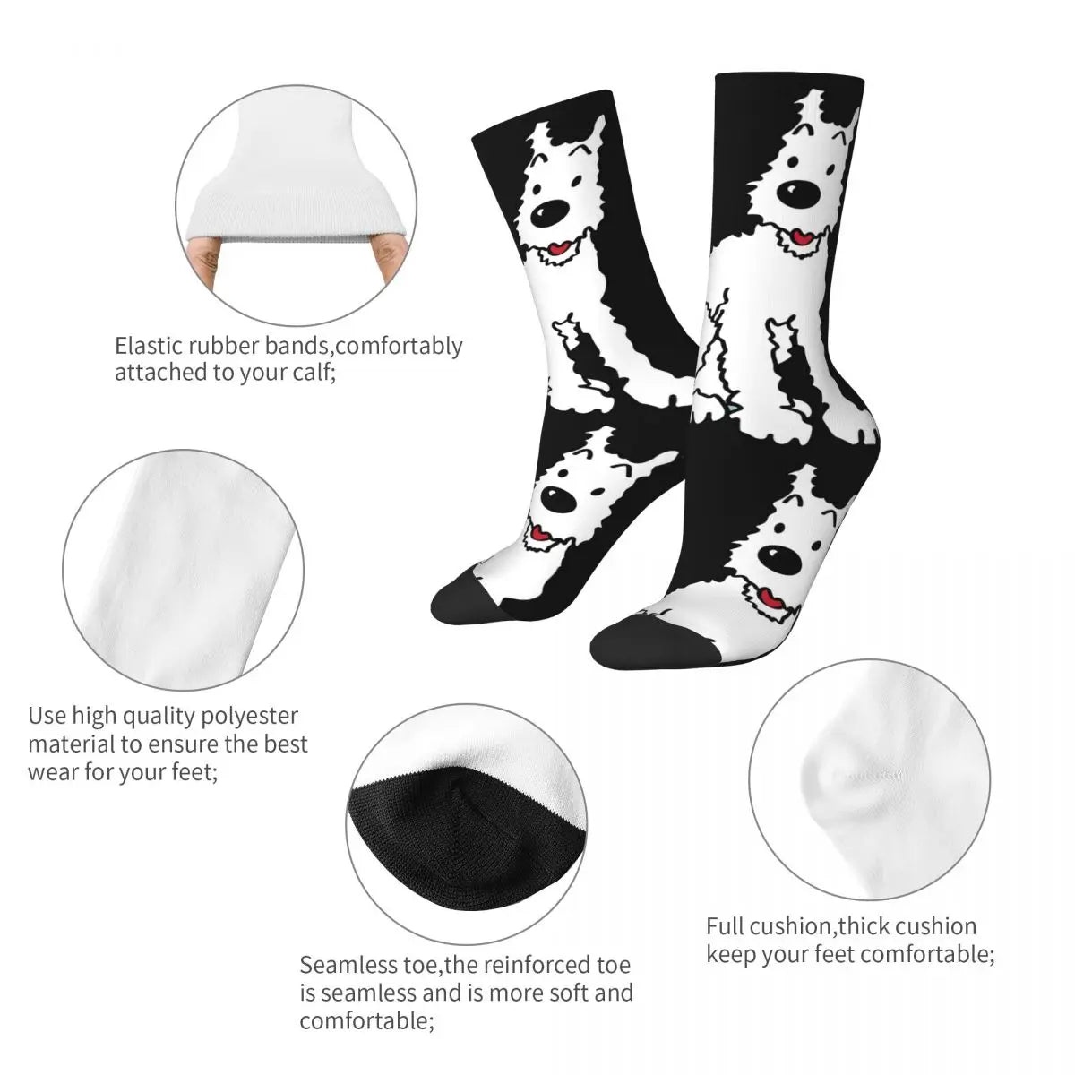 Funny Crazy Compression Sock for Men Snowy Tin Tin Hip Hop Harajuku Dog Cute Animal Happy Quality Pattern Printed Boys Crew Sock