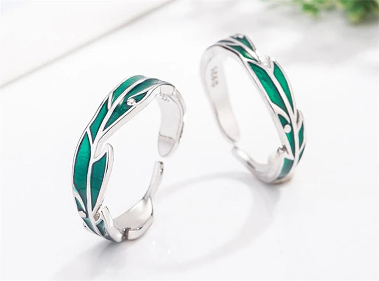 Sole Memory Rainforest Plantain Leaves Green Cool Sweet Romantic Silver Color Female Resizable Opening Rings SRI414