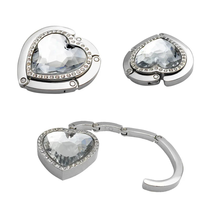 Portable  Crystal Metal Heart Shaped Foldable Bag Hook Hanger Women Portable Purse Handbag Bag Holder Table Edge Hanging Clip