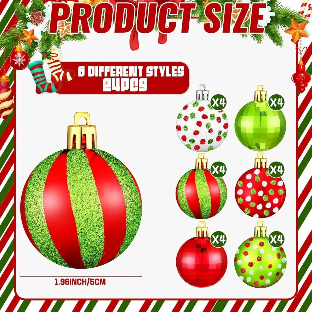 24pcs New 2.4 Inch Christmas Balls Ornament Glittering Plastic Tree Decoration Swirl Pattern Handmade Elf Balls Party Decor