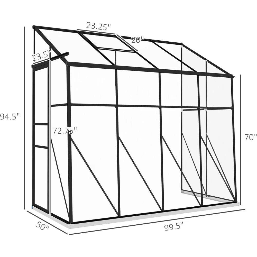 8' x 4' Lean-to Polycarbonate Greenhouse, Walk-in Hobby Green House with Sliding Door, 5-Level Roof Vent