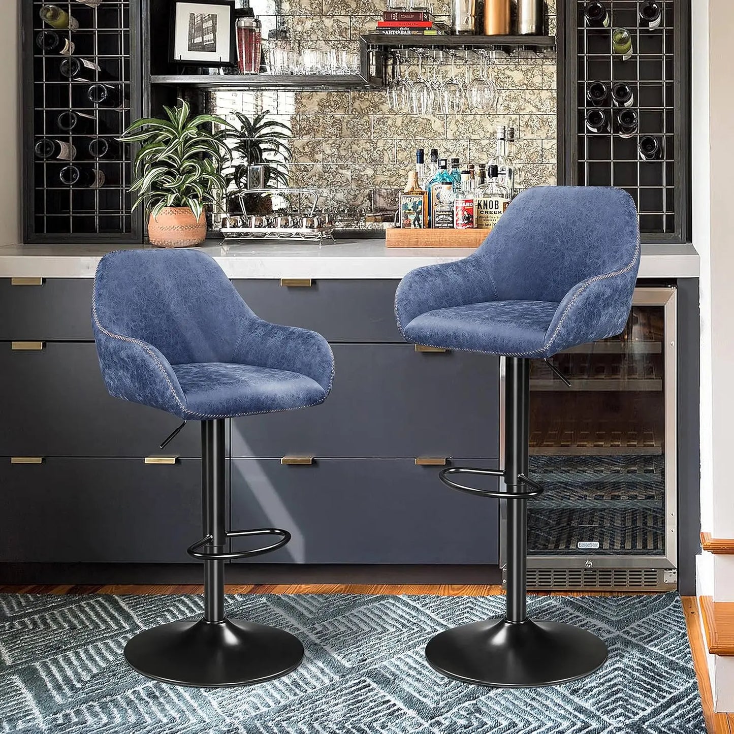 Vintage Bar Stools Set of 2 Modern Pub Kitchen Counter Height Barstools Vintage Swivel Leather Bar Chair, Blue(2pcs Package 1)