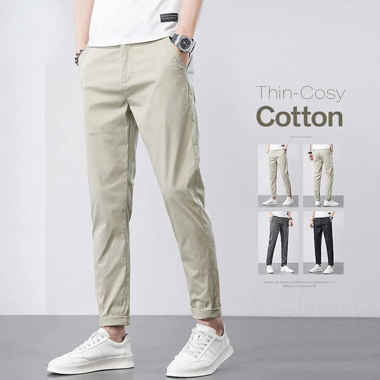 2023 New Summer Khaki Cosy Cotton Casual Pants Men Thin Straight Fit Fashion Brand Clothing Solid Color Appliques Trousers Male