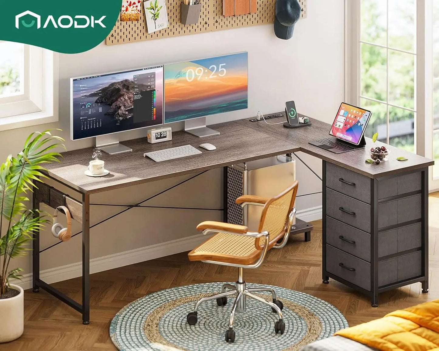 AODK L Shaped Desk with 4 Tier Drawers, 61" Reversible Gaming Desk with Power Outlets, L Shaped Computer Desk with USB Charging