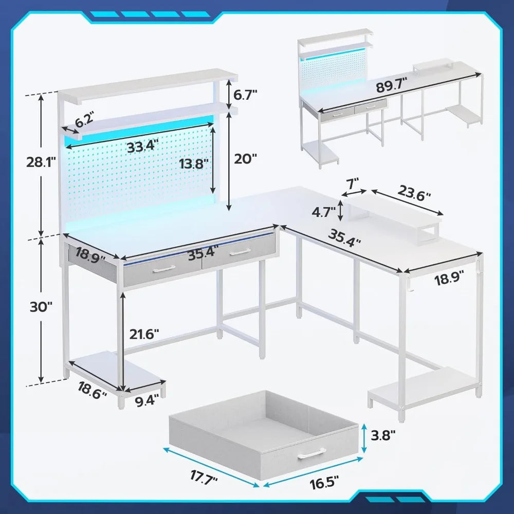 SEDETA L Shaped Gaming Desk with LED Lights, Pegboard and Drawers, Gaming with Hutch, Computer with Monitor Stand,