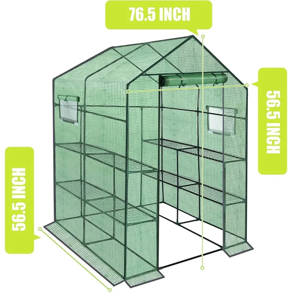 Polyethylene Reinforced Walk-in Greenhouse with Window,Plant Gardening Green House 2 Tiers and 8 Shelves,L56.5 x W56.5 x H76.5