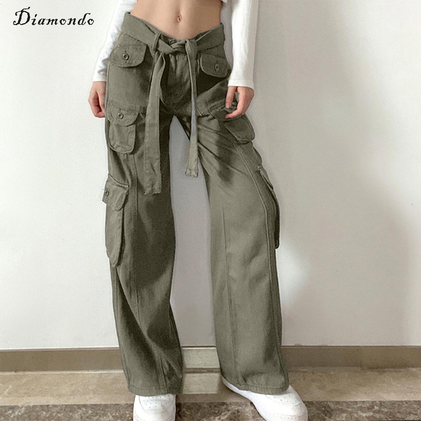 Women Wide Leg Denim Trousers Drawstring Belt Retro Baggy Parachute Pants Jeans High Waist Button Decor Multi Pockets Streetwear