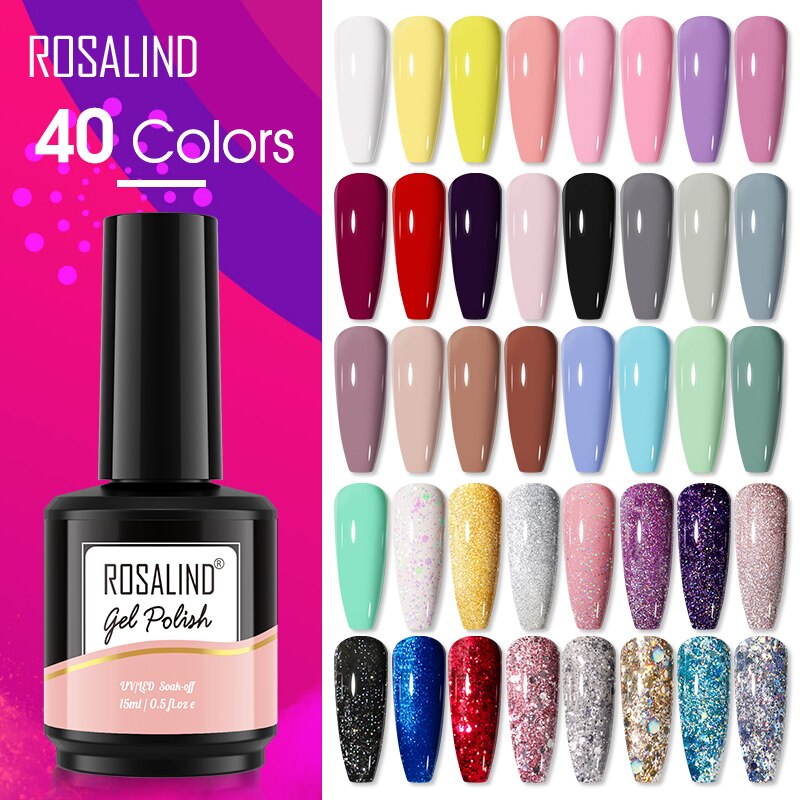 ROSALIND 24PCS Gel Nail Polish Set Professional Glitter Vernis Semi Permanent Base Top Coat UV Gel Set Nail Art Hybrid Varnishes